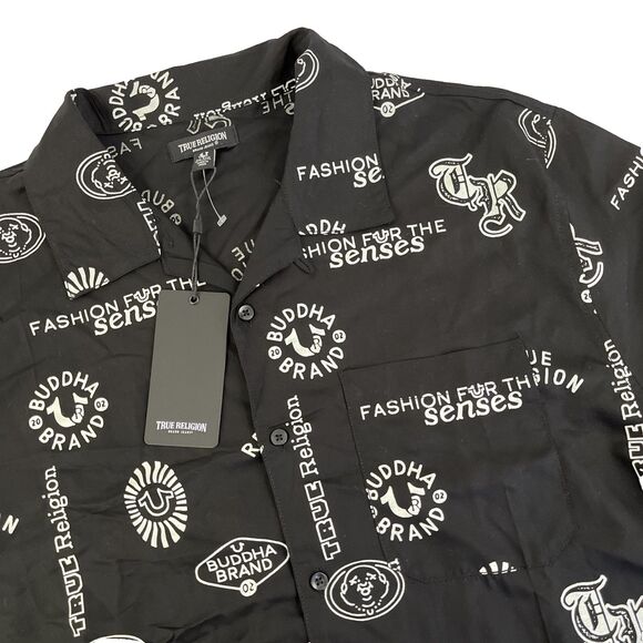 New Mens True Religion Short Sleeve AOP Resort Shirt Size XXL NWT Black Viscose - Picture 1 of 8